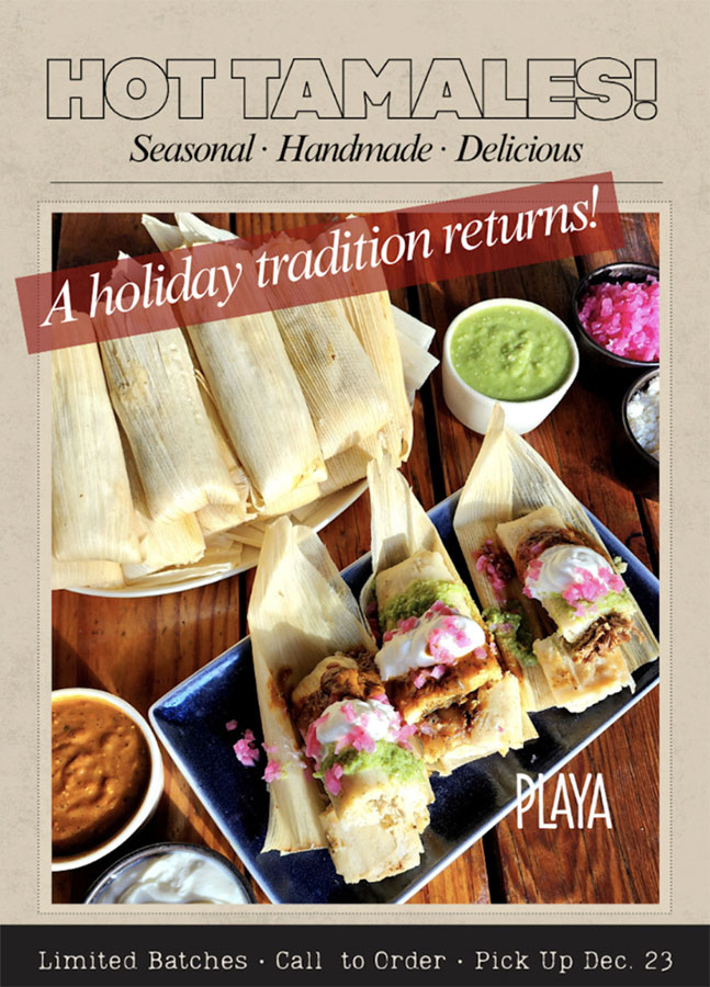 A promotional flyer for hot tamales is displayed on a table, highlighting delicious images and key details about the dish.