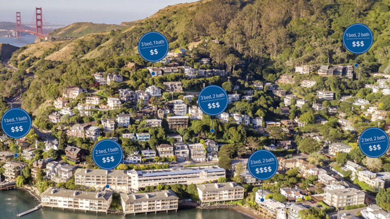 Aerial view of the waterfront town of Sausalito - California with housing prices