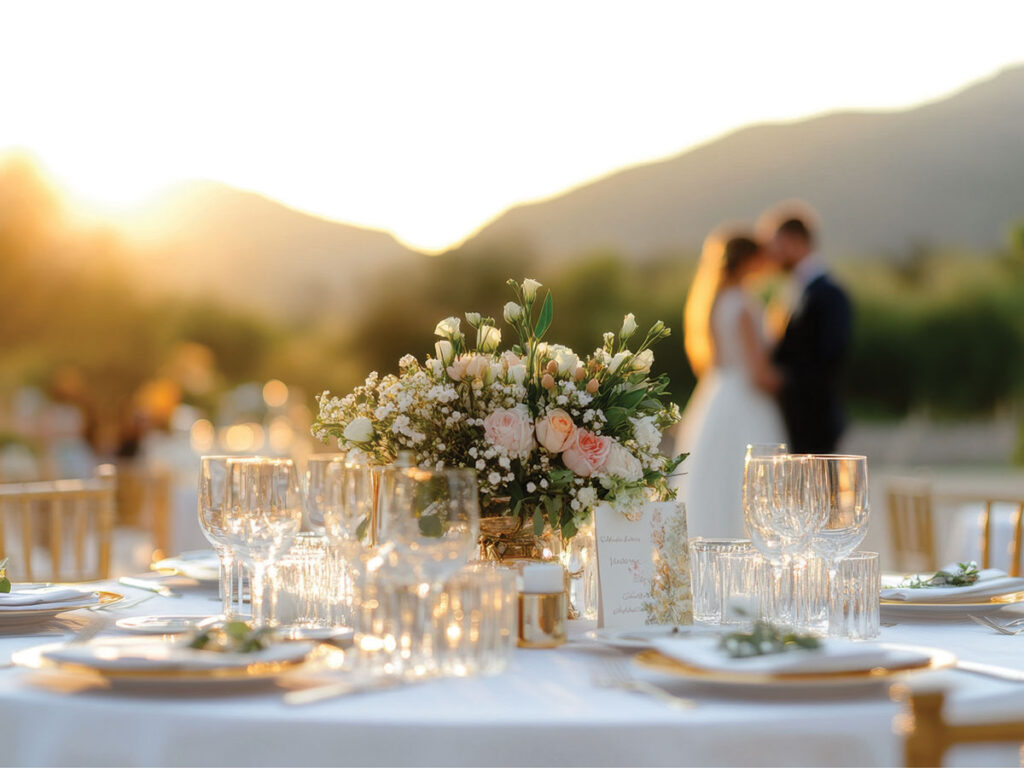 A beautifully arranged table setting featuring fresh flowers and elegant glasses and a married couple in background