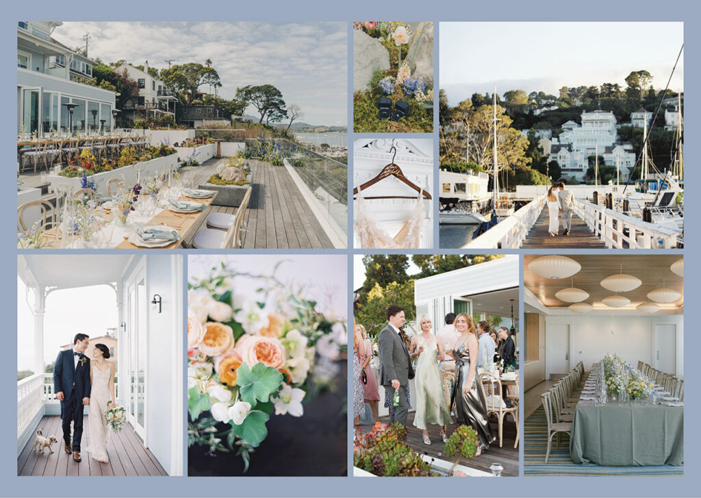  A collage of wedding photos featuring couples with a scenic ocean view in the background.