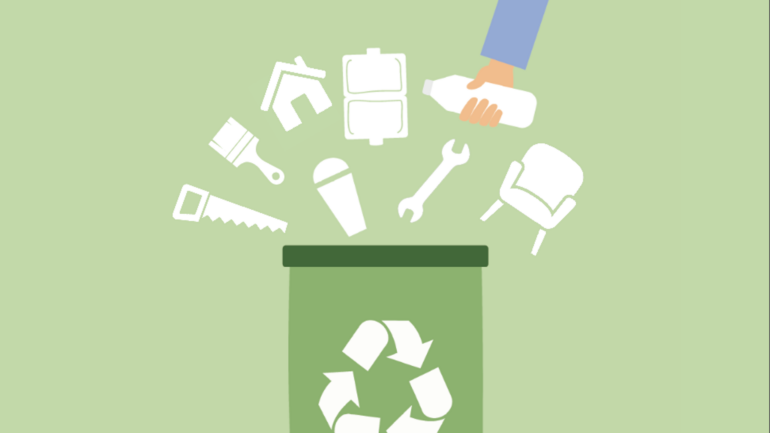 A graphic of a recycling can with various tools and home renovation icons.