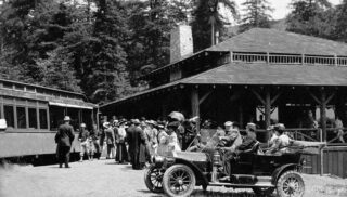 Black and white old photo President Roosevelt’s second wife Edith visited Muir Woods as guests of the Kents in 1911