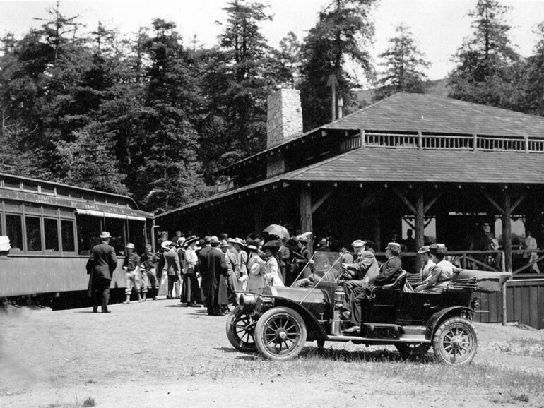 Black and white old photo President Roosevelt’s second wife Edith visited Muir Woods as guests of the Kents in 1911