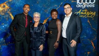 Kim Mazzuca with Alum Emcee Yoel Iskindir, Student Stephanie Fayette, Video Alum Spotlight Dr Osvaldo Palomares