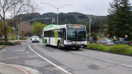 A green and white public bus on route 17 travels along a tree-lined street with a mountainous backdrop under a cloudy sky.