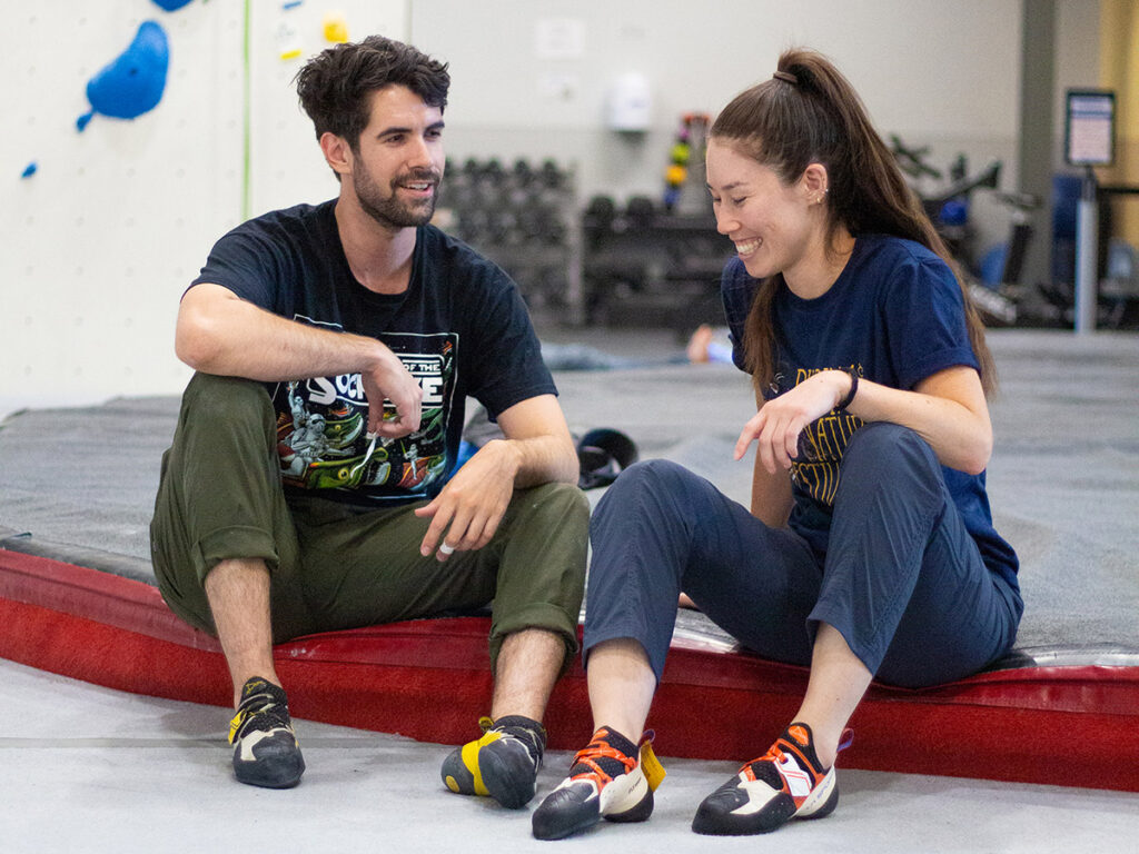 Boulderers chat between climbs at Gravity Vault Marin