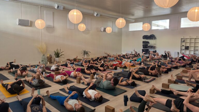 A group of yoga students in the middle of a class.