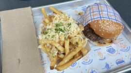 A tray of food including French fries and a hamburger.