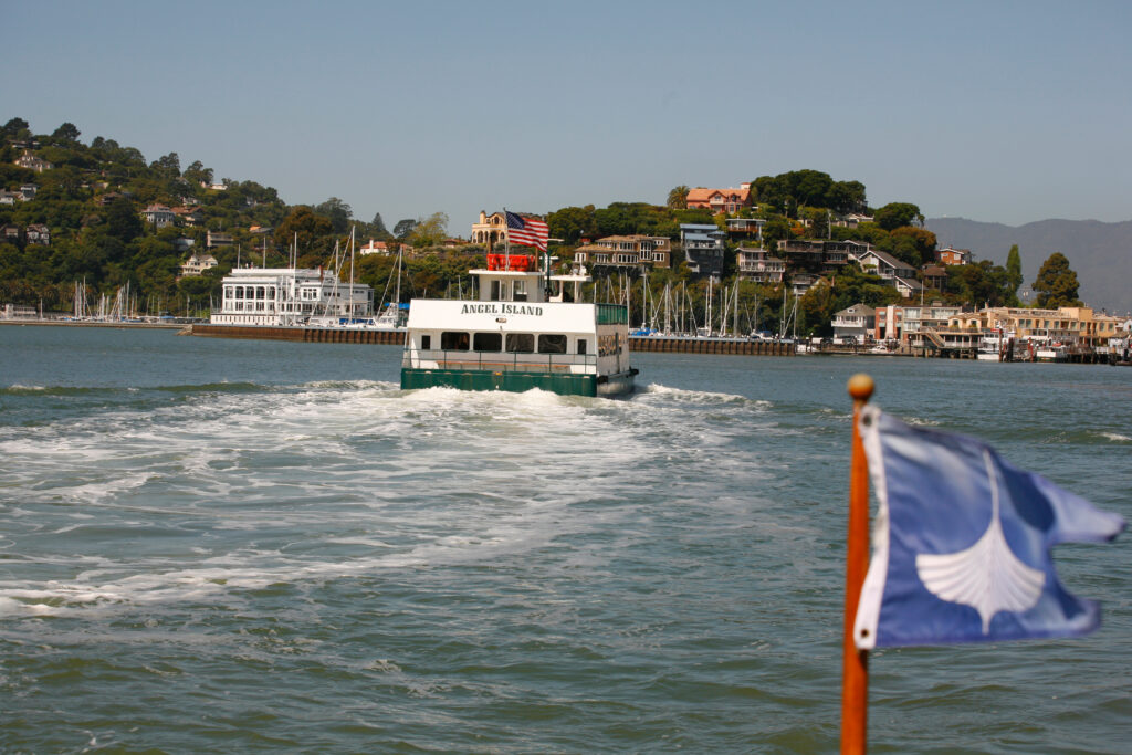A ferry is on the water.