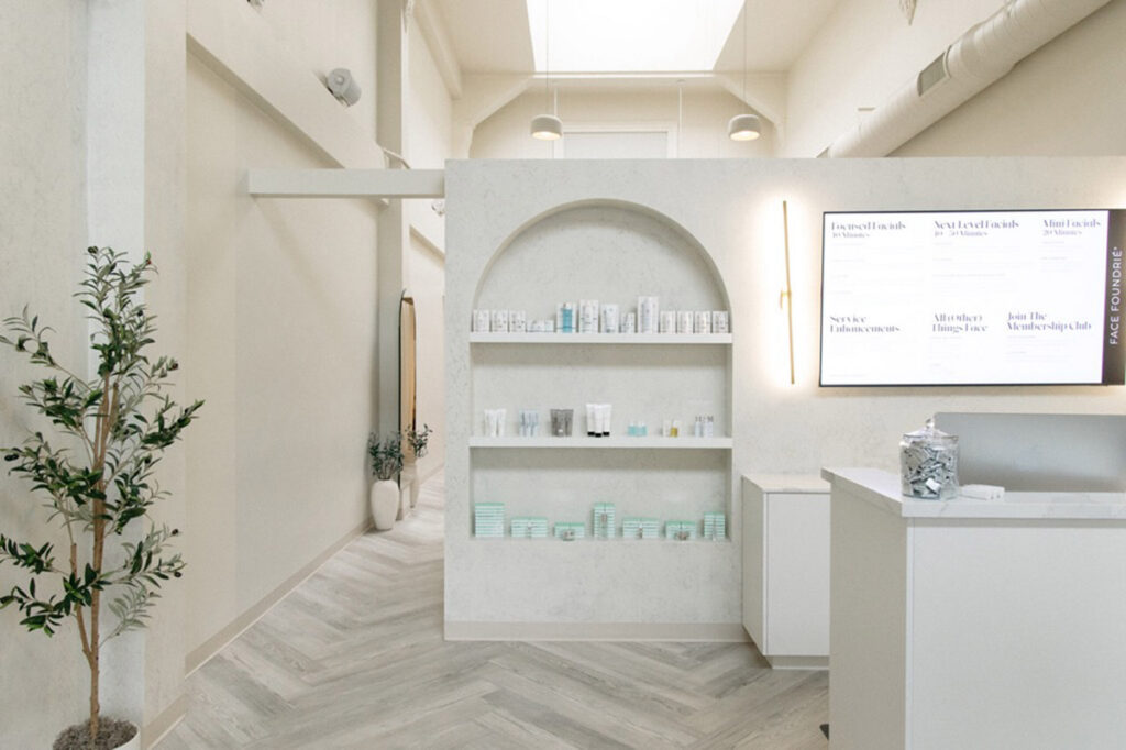 Reception area at a Face Foundrie focused facial bar