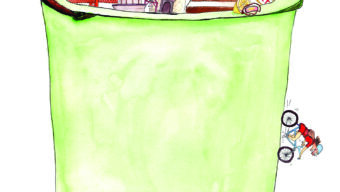 Illustration of a green bucket containing notable Marin landmarks: a tree, the Golden Gate Bridge, a church, mountains, a trail sign, and a slice of cake labeled "S.F. RICHMOND." A person hiking up the bucket and another biking at its bottom are also depicted. "MARIN BUCKET LIST" is written at the top.