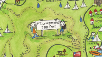 A colorful illustrated map of Angel Island features landmarks like Ayala Cove, Mt. Livermore, Battery Drew, and Perles Beach. It shows hikers, cyclists, and kayakers enjoying the scenery. The playful cartoon map highlights points of interest with cheerful figures and boats in the water around Angel Island.