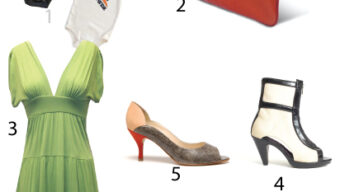 A fabulous collage of clothing and accessories: Two baby onesies (one black with a pink design, the other white with "I play zombies" text), a chic white and red clutch bag, an eco-conscious green V-neck dress with short sleeves, a stylish white and black open-toe ankle boot, and a beige and brown open-toe high heel shoe.