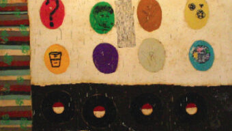 A textured artwork features a row of circular, colored symbols, each with a distinct design, and a vertical stripe of patterned fabric on the left. Below, the text "GUIL[?] FREE ZONE" and "COM" is visible, along with other smaller elements and patterns. Ready, set, bid!