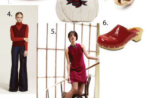 The photo captures a woman in a purely red dress leaning against a chair, accompanied by striking red bangle bracelets and vibrant red patent leather clog shoes.