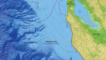 Map highlighting the National Marine Sanctuaries of Northern and Central California, including Cordell Bank, Gulf of the Farallones, and Monterey Bay. The map shows underwater topography and land features such as San Francisco, Oakland, Marin, and their Western Neighbors.