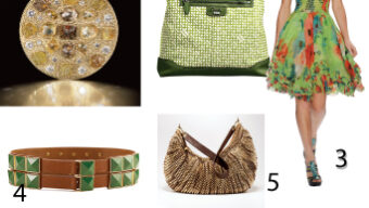 Gold pendant necklace with gems, green handbag with woven texture and green handles, woman in a floral green dress with red, orange, and yellow floral patterns, brown leather bracelet with green pyramid studs, textured beige handbag with brown straps, gold hoop earrings with small round pendants.