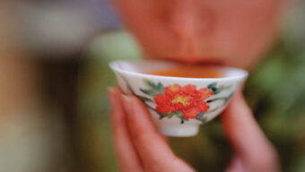 Close-up of a person sipping from a small, white porcelain teacup adorned with a vibrant red flower and green leaves. The delicate sip embodies tradition, and the image is softly focused, emphasizing the intricate cup design.
