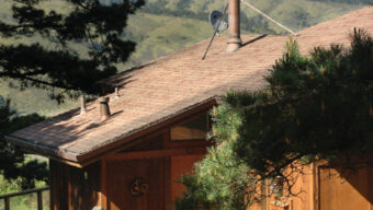 A wooden cabin with a sloped roof and a deck sits nestled among trees with a distant mountain peak visible in the background. The scene is sunny, and a satellite dish is mounted on the roof. The cabin exudes a rustic charm in a serene, natural setting reminiscent of Muir Woods.