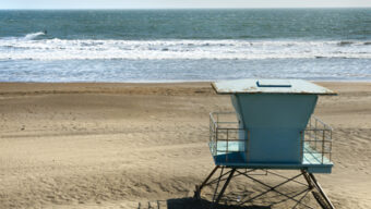 A lone lifeguard tower stands on an empty sandy beach at Stinson Beach, overlooking the waves of the ocean on a bright, sunny day. The sky is clear, and the beach appears tranquil with no people in sight.