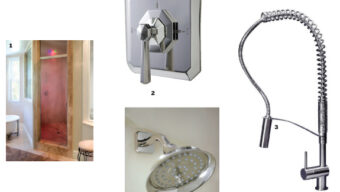 A modern bathroom with a wooden shower containing colored lights. A close-up of a square chrome shower control with a handle. For those learning how to choose plumbing fixtures, consider the sleek, spring-neck kitchen faucet with a pull-down spray head for both style and functionality.