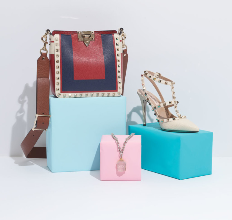 Accessories to Get Ready for Spring, Marin Magazine, Spring Fashion, Bags and Shoes, Shoe Stories of Sausalito Valentino Americana Color-Block Cross-Body Mini Hobo, Be One With Clear Buddha Head Necklace, Valentino Ivory Pebble-Grain T-100