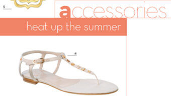 A collection of summer accessories including a layered flower pendant necklace, a set of intricately designed rings with turquoise stones, a pair of white sandals with gold accents, a textured purple clutch with a bow, and a pair of gray high-heeled T-strap shoes. These chic accessories will elevate any outfit.