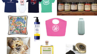 A collage of various items including graphic t-shirts, a baby onesie, a highway 101 sign from Marin, jars of spreads, a colorful scarf, a pink lunch bag with monogram perfect for to-go meals, a light blue bottle, pastries with powdered sugar ideal for food delivery, body lotion, olive oil, and a jar of caviar.