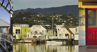 The image is divided into three sections: the left shows a pathway leading to a green building, the center reveals a serene waterfront scene with houses and houseboats, and the right captures a close-up of a house exterior with a red door and part of a porch.