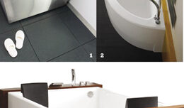 A collage of three modern bathtubs. The top left image features a stainless steel tub with white slippers nearby. The top right shows a sleek white oval tub with a green towel. The bottom displays a spacious rectangular tub with a wooden frame and black headrest. Text reads "Bathtubs Make a Splash".