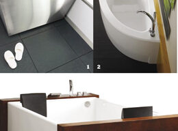 A collage of three modern bathtubs. The top left image features a stainless steel tub with white slippers nearby. The top right shows a sleek white oval tub with a green towel. The bottom displays a spacious rectangular tub with a wooden frame and black headrest. Text reads "Bathtubs Make a Splash".