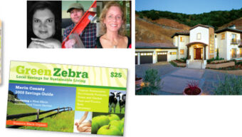 A collage featuring a bottle of liquid soap, three smiling individuals, a suburban house at dusk with lights on, and a Green Zebra discount card for Marin County promoting sustainable living solutions and local savings.
