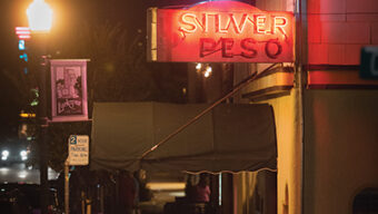 A dimly lit street at night features a glowing neon sign for "Silver Peso" with a martini glass design on top. The sign hangs above a storefront, partially obscured by an awning. A street lamp illuminates part of the sidewalk below, casting shadows that dance in the soft silver glow.