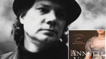 Black and white photo of a solemn man wearing a hat and coat, with a slightly blurry background. Inset at the bottom right is the book cover "Annette Vallon" by James Tipton, depicting a woman in historical attire from the French Revolution era.