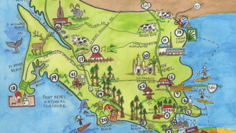 Hand-drawn map of Marin County, California, featuring landmarks like Tomales, Point Reyes National Seashore, San Rafael, and Mill Valley. Illustrated with symbols like a whale, lighthouse, trees, and various activities such as cycling and hiking.