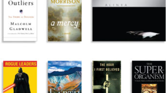 Image of seven books displayed in two rows for Season's Readings. Top row: "Outliers" by Malcolm Gladwell, "A Mercy" by Toni Morrison, and "Alinea" by Grant Achatz. Bottom row: "Rogue Leaders" by Rob Smith, "Earth" by Jeffrey Zuehlke, "The Hour I First Believed" by Wally Lamb,
