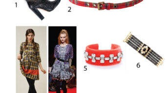 Collage of fashion items: 1. Black sparkling heeled boot, 2. Red plaid belt, 3. Woman in yellow plaid and orange-trimmed dress with black leggings, channeling a rock 'n' roll vibe, 4. Woman in plaid dress on runway, 5. Red bracelet with crystal embellishments, 6. Black and gold statement bracelet.