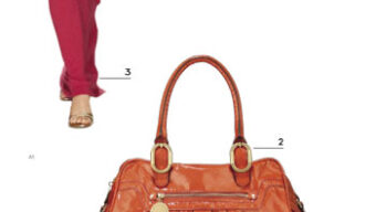 A model wearing a red dress on a runway is shown, embodying spring fashion. Below her are five different accessories: a large orange handbag, an orange clutch, a blue handbag, a purple coin purse, and an orange purse with a circular handle. They are numbered 1 through 5 and feature bright colors perfect for the season's trends.