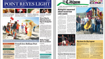 Side-by-side pages from two newspapers in this West Marin two-paper town. The left page features the headline "French love Bolinas Poet" with an image of people on a beach. The right page has the headline "Biologists concerned about record-low coho counts" with an image of children on a playground.