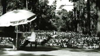 A pianist, nurtured by the esteemed Marin Music Chest, performs under a large parasol on an outdoor stage in Marin County, surrounded by tall trees. A large audience sits on chairs and the ground, watching the performance. The scene appears serene and bathed in natural light.