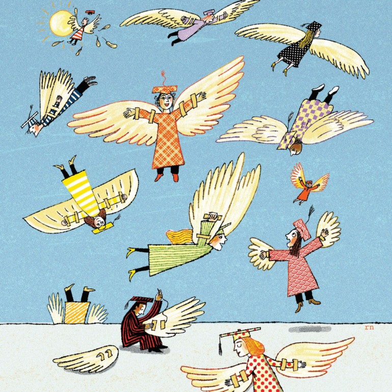 Graduation illustration, time to fly, angels flying