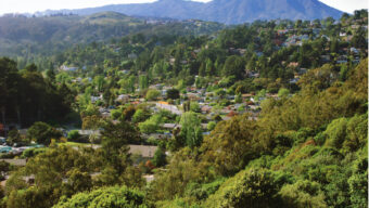 A scenic view of Tamalpais Valley reveals a residential area nestled in a lush, green valley surrounded by densely forested hills and mountains under a clear sky. The image shows numerous houses scattered among the greenery, with winding roads connecting the community.