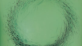 A minimalist abstract painting of a circular swirl of thin black lines and dots against a solid green background, reminiscent of Tom Marioni's works. The lines are denser at the bottom of the circle, giving it a dynamic, vortex-like appearance—a piece worthy of SF MOMA.