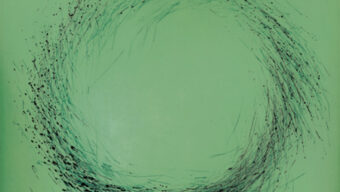 A minimalist abstract painting of a circular swirl of thin black lines and dots against a solid green background, reminiscent of Tom Marioni's works. The lines are denser at the bottom of the circle, giving it a dynamic, vortex-like appearance—a piece worthy of SF MOMA.