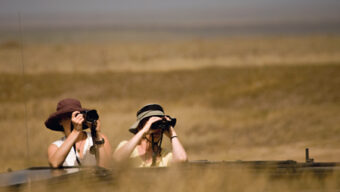 Two individuals wearing wide-brimmed hats are sitting in an open-top vehicle, holding cameras and binoculars, observing the beauty of the expansive landscape. The surroundings consist of arid plains that stretch into the horizon under a clear sky.