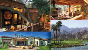 A collage of four images featuring different luxurious homes. Top left: A wooden family cabin with a fireplace. Top right: A modern living room with wooden decor. Bottom left: A villa-style home with a spacious lawn. Bottom right: A resort with palm trees and mountains, perfect alternatives for relaxation.