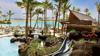 A tropical resort with palm trees, a lagoon, and multiple swimming pools. People are lounging around the pools, while a man enjoys the thrill of sliding down a water slide. The scene overlooks a bright blue sea under a clear sky. A pavilion is visible in the background.