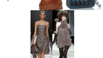 Collage of fashion items: 1. Black embroidered clutch, 2. Tan leather handbag, 3. Grey argyle-patterned clutch with wrist strap, 4. Model in knee-length silver dress that looks like it's ready for a night when the lights go down, 5. Model in a grey ruffled halter dress with black tights.