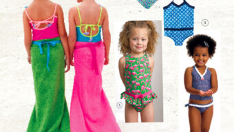 Two kids wearing colorful mermaid tail blankets stand on the left. On the right are various sea-style swimsuits, each labeled with a number: a floral one-piece, a pink and blue geometric design, a red and yellow striped suit, a green patterned suit, and more.