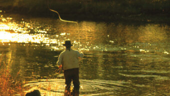 Two people fly-fishing in a river during sunset. One stands in knee-deep water, casting a line with skill honed from learning on the fly, while the other sits on the bank amidst foliage and trees, reflecting golden sunlight.